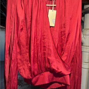 Ramy Brook Red Satin Wrap-Front Tunic
